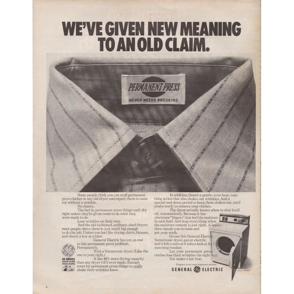 General Electric Permanent Press GE Dryer Wrinkle Care Vintage Print Ad 1970‎